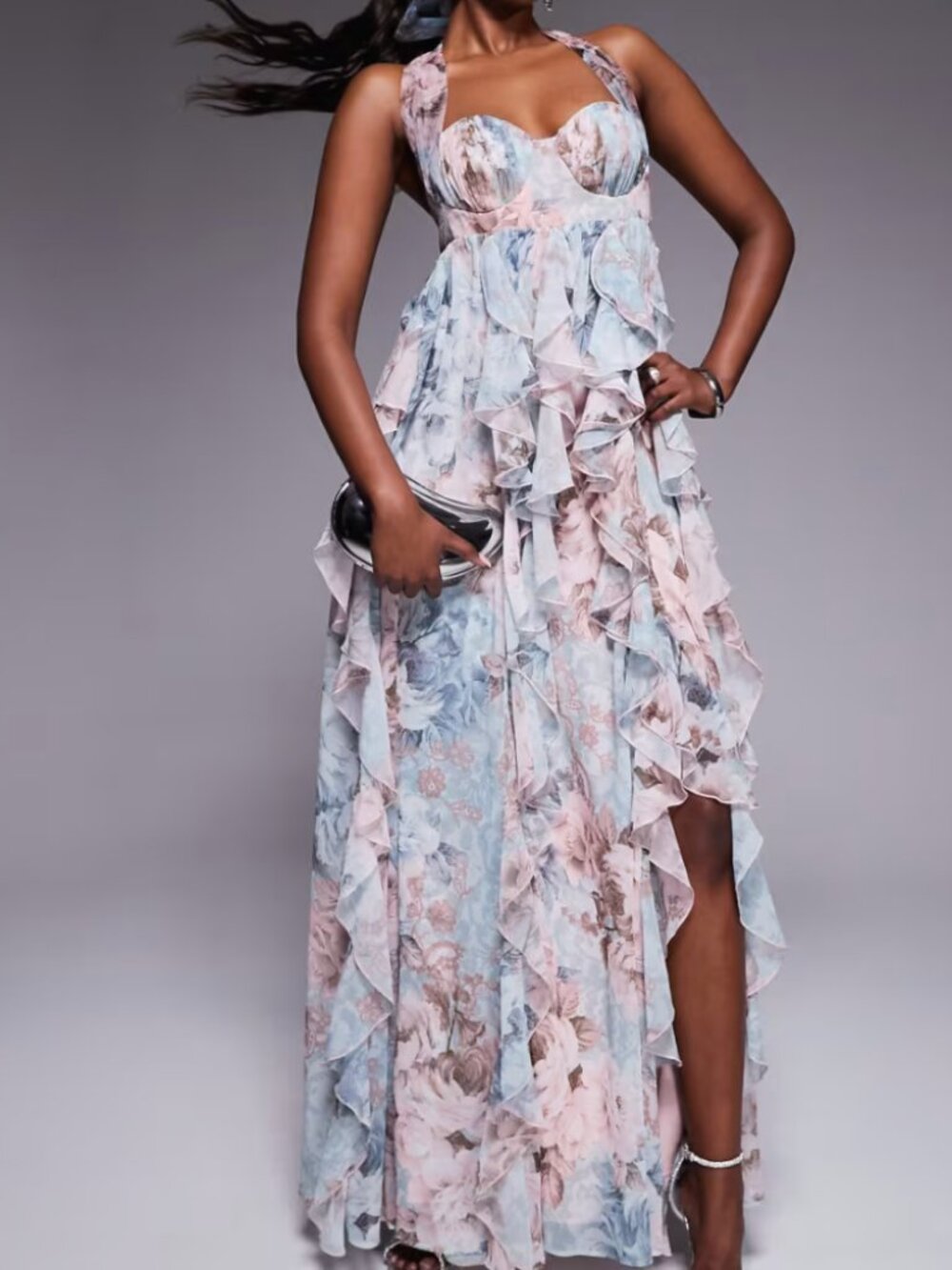 ASOS LUXE Halter Maxi Dress with Waterfall Ruffles – Lace Floral Print - Picture 1 of 13
